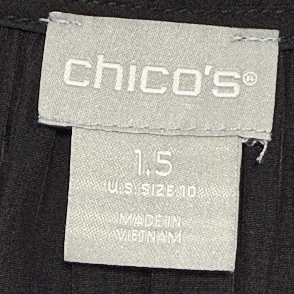 Chico’s Crinkle Pleat Midi Shirt Dress Size 1.5 US 10 Black Ruffle Tie Neck - Picture 8 of 11